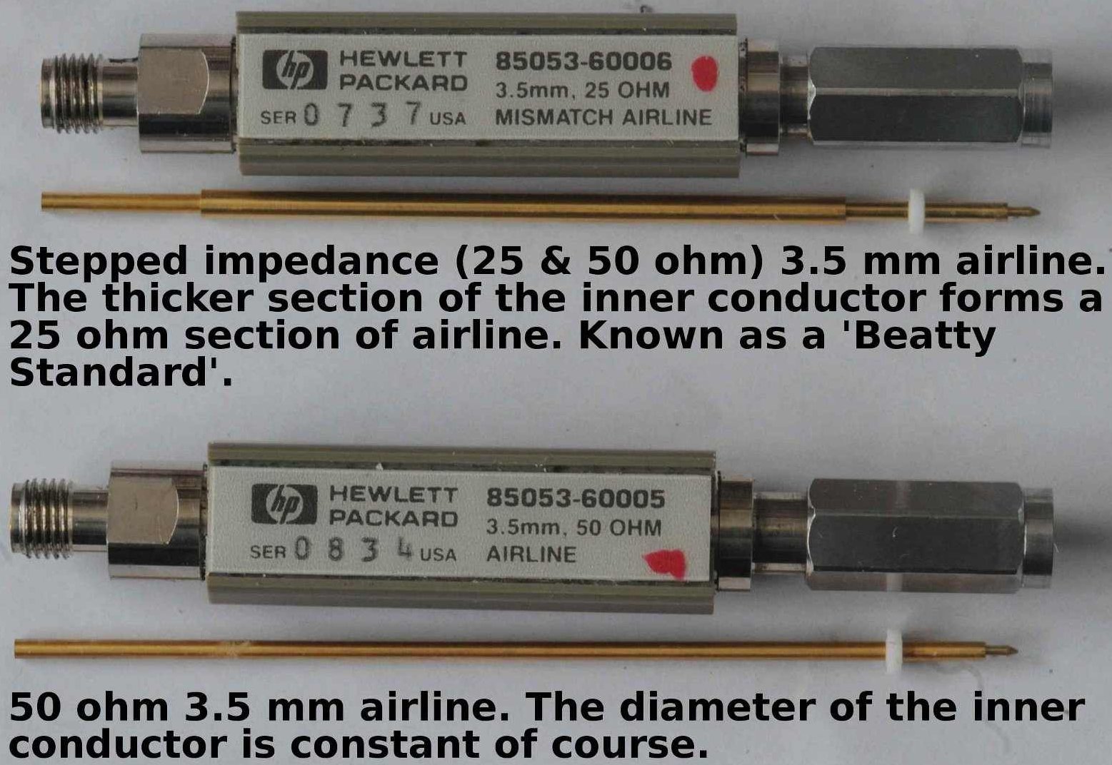 50 ohm and 25/50 ohm stepped impedance airline (Beatty Standard) used to verify calibration performance